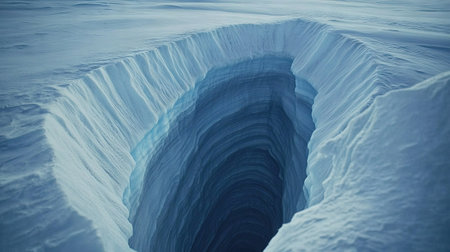 A close-up of a deep glacier crevasse, with layers of translucent blue and white ice.の素材