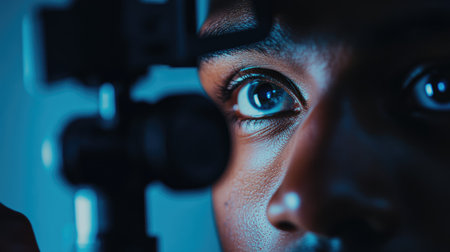 A close-up of an optometrist adjusting a phoropter during an eye exam, with the patient's face partially visible.の素材