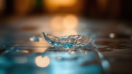A close-up of a single, jagged piece of broken glass on the floor, with a blurry background.の素材