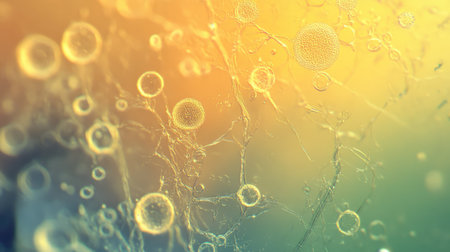 A close-up of a creamy spot on a transparent laboratory glass slide, illuminated under a microscope in a sterile lab setting.の素材