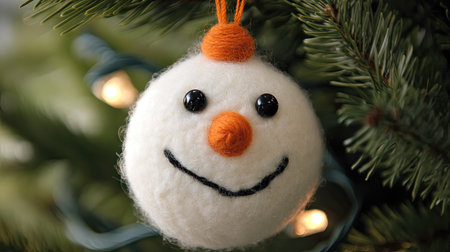 A close-up of a handmade snowman Christmas ornament with a carrot nose and button eyes, hanging from a fir tree.の素材
