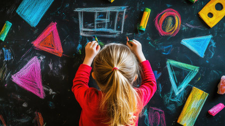 A child drawing colorful shapes on black paper with bright chalk pastels.の素材