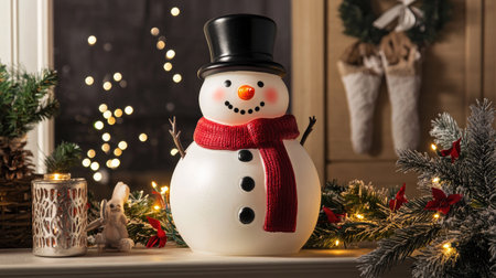 A cheerful snowman Christmas decoration with a red scarf and black top hat, surrounded by sparkling fairy lights on a mantelpiece.の素材