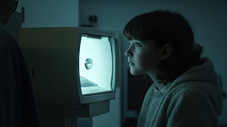 A child looking into an autorefractor machine, with a technician gently guiding them through the test.の素材
