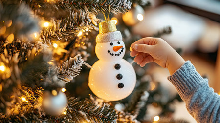 A child placing a snowman ornament on a Christmas tree, with a background of warm holiday lights.の素材