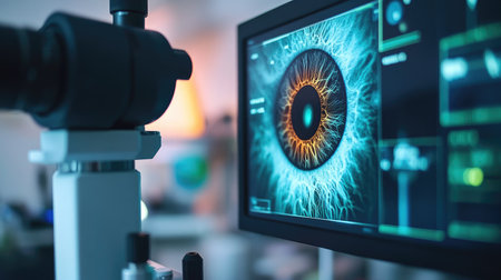 A close-up of a retinal scanner screen displaying detailed images of an eye during a vision test.の素材