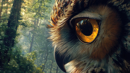 A close-up of a large owl's eye reflecting the surrounding forest, creating an artistic and detailed image.の素材