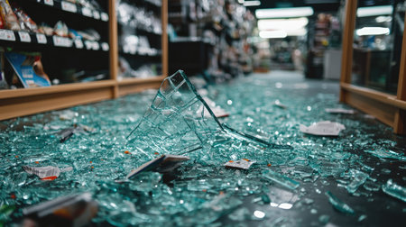 A chaotic scene of broken glass from a store display on the floor, with scattered merchandise visible.の素材