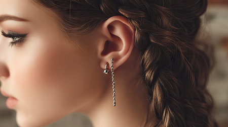 A close-up of a stylish cartilage piercing featuring a dainty chain connecting two studs.の素材
