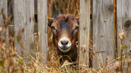 A close-up of a curious goat peeking through a wooden fence, surrounded by tall grass and hay.の素材