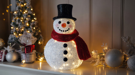 A cheerful snowman Christmas decoration with a red scarf and black top hat, surrounded by sparkling fairy lights on a mantelpiece.の素材