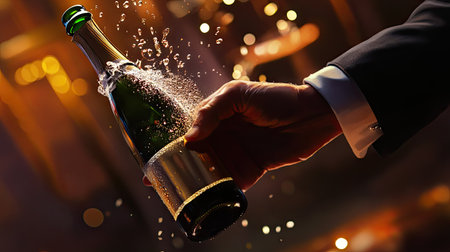 A close-up of an elegant hand popping a champagne bottle during a New Year's Eve party.の素材