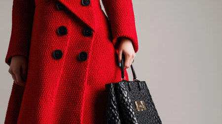 A close-up of a woman in a bold red coat with intricate button details, holding a designer handbag.の素材