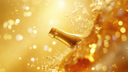 A champagne cork flying against a golden backdrop, creating a festive and energetic scene.の素材
