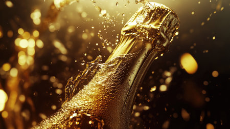 A close-up of a champagne bottle being uncorked with golden liquid and foam bursting out, set against a dark, elegant background.の素材