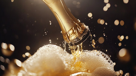 A close-up of a champagne bottle being uncorked with golden liquid and foam bursting out, set against a dark, elegant background.の素材