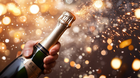 A close-up of an elegant hand popping a champagne bottle during a New Year's Eve party.の素材