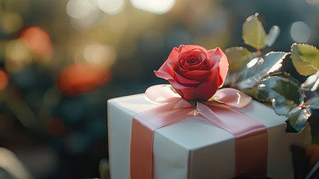 A close-up of a white gift box tied with a silky pink ribbon, topped with a single red rose, set against a blurred garden background.の素材