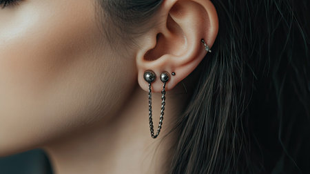 A close-up of a stylish cartilage piercing featuring a dainty chain connecting two studs.の素材