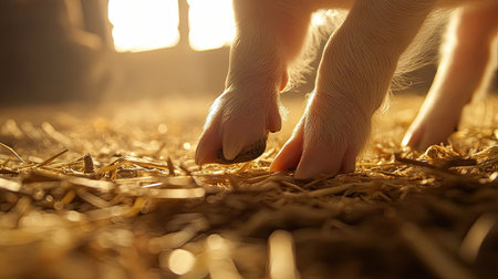 A close-up of a piglet's tiny hooves on a straw-covered floor, with soft lighting in the barn.の素材
