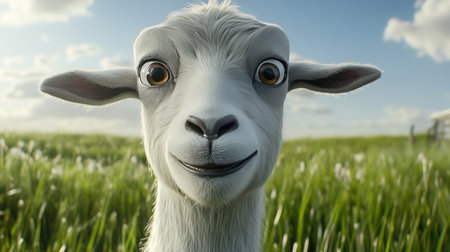 A close-up of a goat's face, with its expressive eyes and a backdrop of grassy fields.の素材