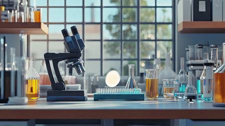A clean laboratory bench with a glass slide featuring a cream spot, surrounded by scientific apparatus.の素材