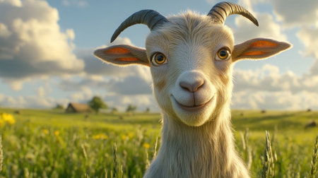 A close-up of a goat's face, with its expressive eyes and a backdrop of grassy fields.の素材