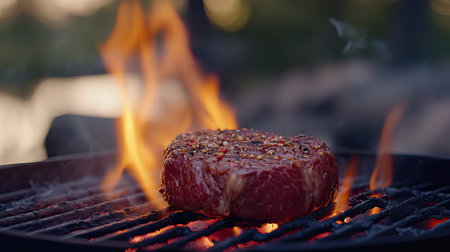 A close-up of seasoned beef steak on a grill, flames licking the edges, with a blurred wilderness in the background.の素材