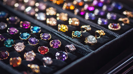 A close-up of a jewelry case filled with vibrant gemstone belly rings, glinting under studio lighting.の素材