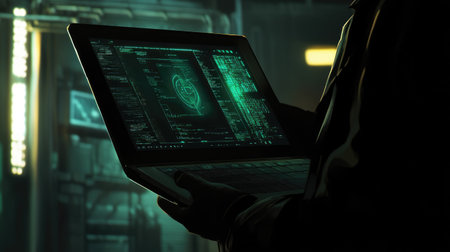 A close-up of a laptop displaying a hacking interface, held by a mysterious figure in shadow.の素材