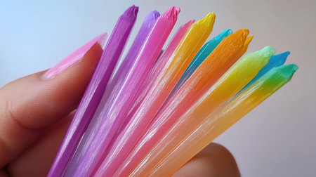 A close-up of pastel tips, showing wear and tear from frequent use in vivid hues.の素材