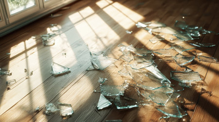 A close-up of shattered glass pieces scattered across a hardwood floor, reflecting sunlight from a nearby window.の素材