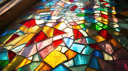 A colorful stained glass window shattered on the floor, with vibrant fragments scattered in an artistic pattern.の素材