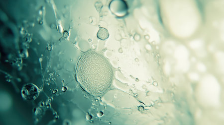 A close-up of a creamy spot on a transparent laboratory glass slide, illuminated under a microscope in a sterile lab setting.の素材