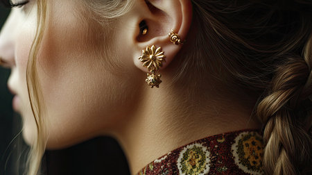 A close-up of a dainty tragus piercing adorned with a simple gold stud, paired with matching lobe jewelry.の素材