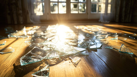 A close-up of shattered glass pieces scattered across a hardwood floor, reflecting sunlight from a nearby window.の素材