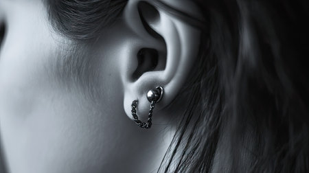 A close-up of a stylish cartilage piercing featuring a dainty chain connecting two studs.の素材