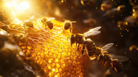 A close-up of honeybees working diligently on a golden honeycomb in a sunlit hive.の素材