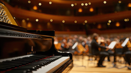 A close-up of the piano lid and strings with a blurred backdrop of an empty concert stage.の素材