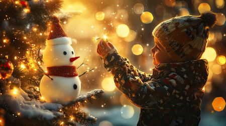 A child placing a snowman ornament on a Christmas tree, with a background of warm holiday lights.の素材