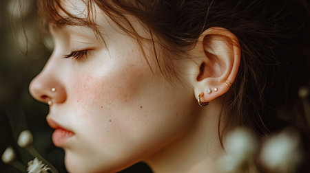 A close-up of a dainty tragus piercing adorned with a simple gold stud, paired with matching lobe jewelry.の素材
