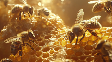 A close-up of honeybees working diligently on a golden honeycomb in a sunlit hive.の素材