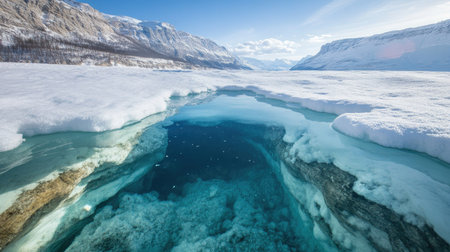A close-up of deep glacier cracks filled with crystal-clear water, surrounded by icy ridges.の素材