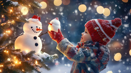 A child placing a snowman ornament on a Christmas tree, with a background of warm holiday lights.の素材