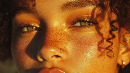 A close-up of a woman's face with her gold nose stud and natural freckles highlighted by soft golden hour light.の素材