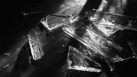 A close-up of clear glass shards on a dark laminate floor, with jagged edges catching the light.の素材