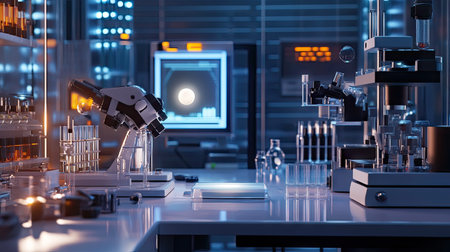 A clean laboratory bench with a glass slide featuring a cream spot, surrounded by scientific apparatus.の素材
