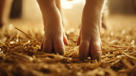 A close-up of a piglet's tiny hooves on a straw-covered floor, with soft lighting in the barn.の素材