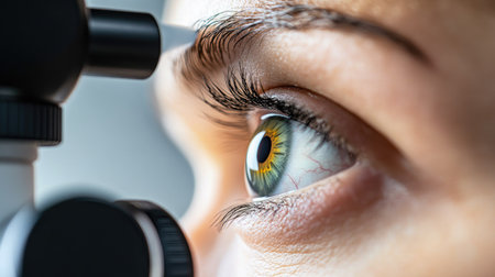 A close-up of a patient's eye during a non-contact tonometry test, with the puff of air depicted.の素材