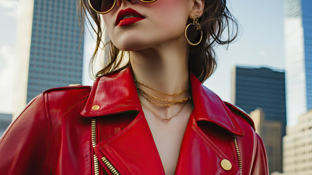 A close-up of a stylish woman wearing a red leather jacket paired with gold accessories, against a city skyline.の素材